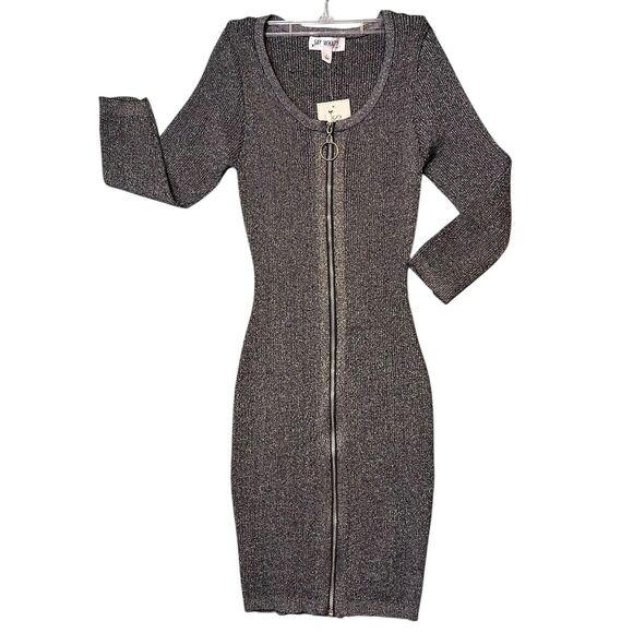 Say What Dress Womens Large Black Silver Zip Front Metallic Bodycon Party Knit - Picture 2 of 14